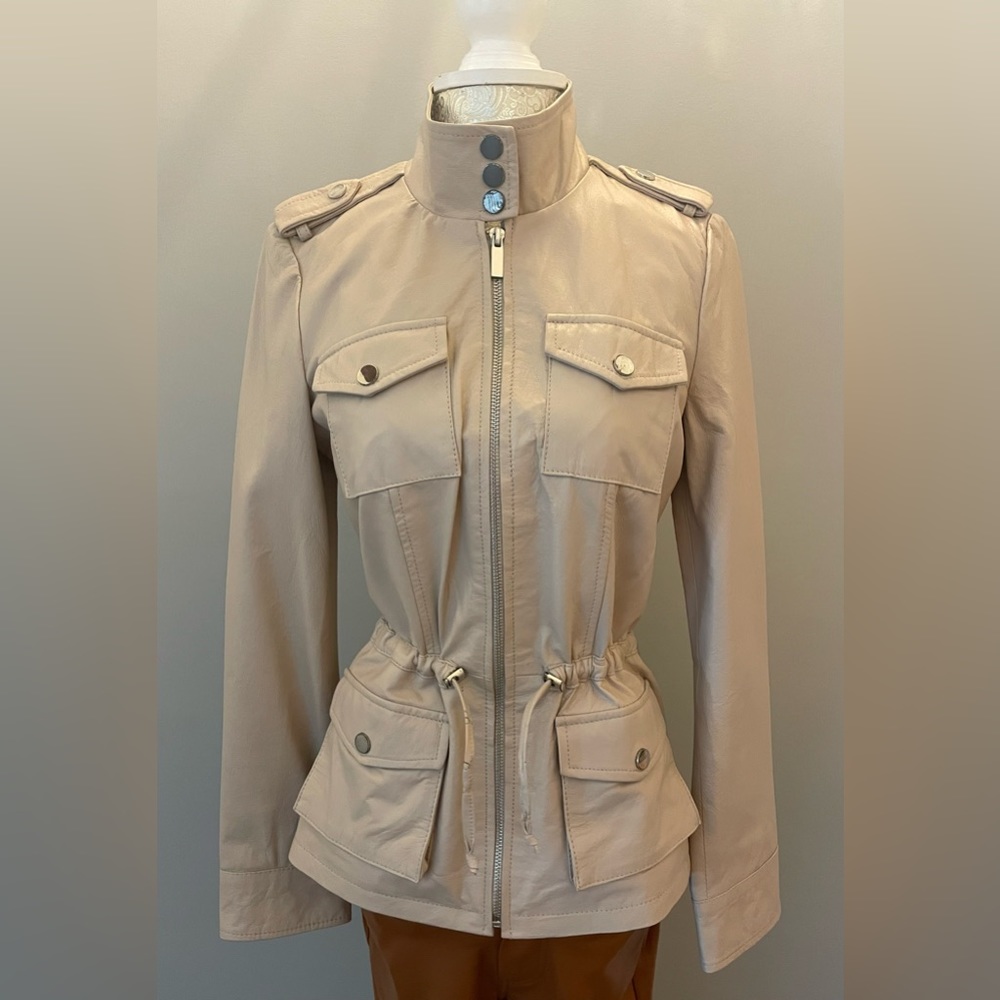 BEBE Genuine Leather Neutral Utility Anorak Jacket in Cement Women's XS